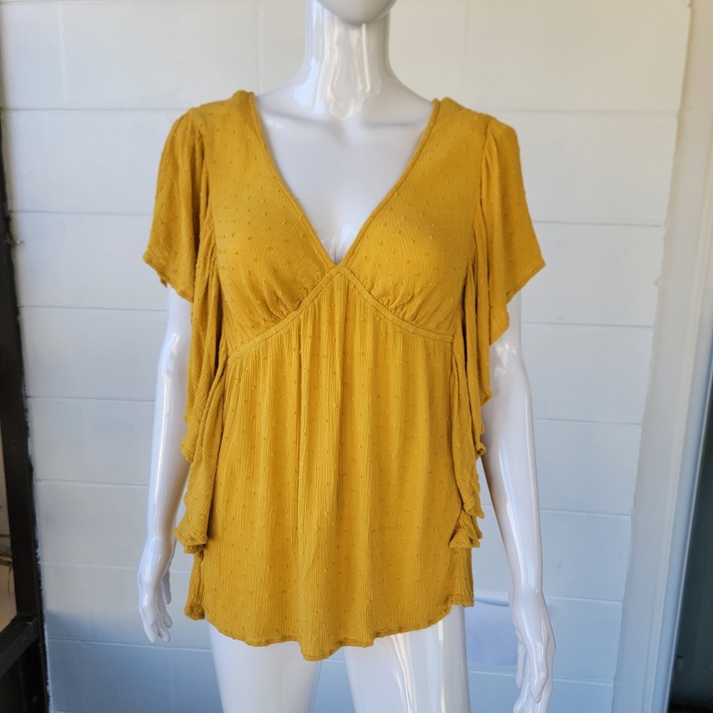 Koriโ USA Mustard Yellow Women's Blouse, Top Size XL Ruffled Butterfly Sleeves